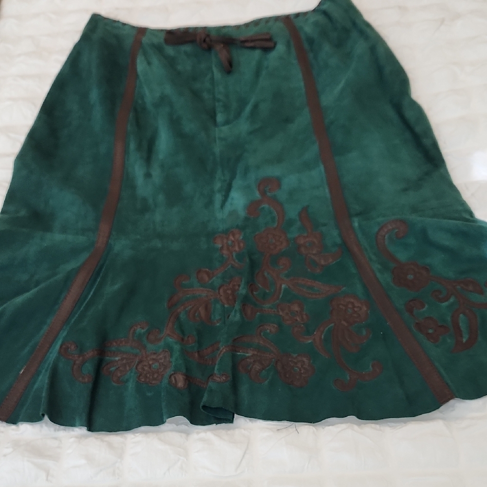 Double D Ranch Green Suede A-Line Skirt with Brown Trim - Picture 2 of 8